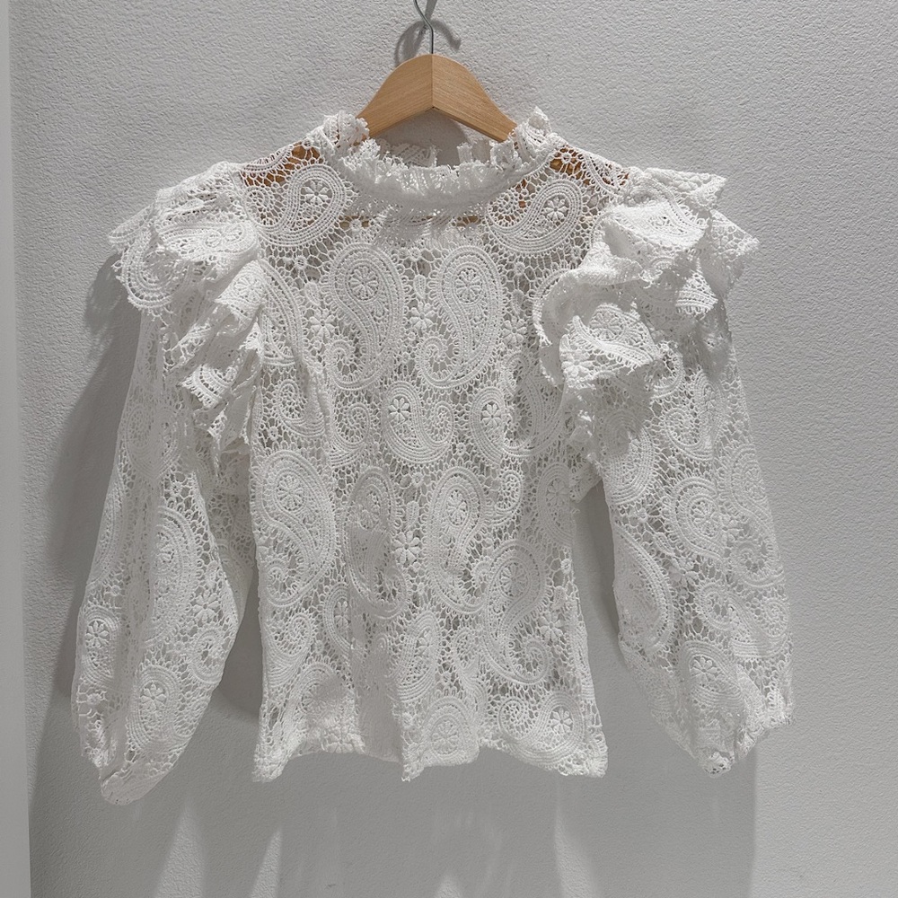 Junya Sheer White Crochet Lace Ruffle Blouse